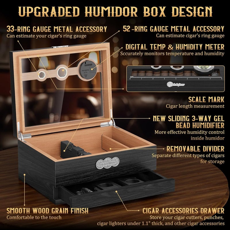 LIHTUN Cigar Humidor, Glass Top Desktop Humidor Box, Cigar Gifts for Men, Cedar Wood Cigars Case with Digital Hygrometer, Humidifier, Measuring Scale and Cigars Accessories Drawer - Image 2